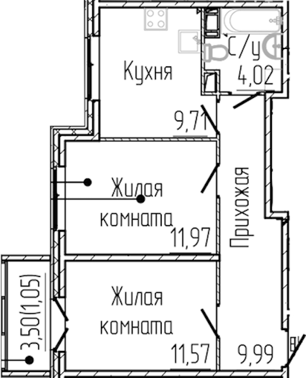 2-комнатная квартира 48.31 м², 4/8 эт., ЖК «SERTOLOVO PARK»